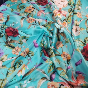 100% Silk Charmuse Designer digital floral print  fabric 54&quot; wide usable for Apparel and interior designing.