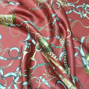 100% Silk Charmuse Designer digital belts and clocks  print  fabric 54&quot; wide usable for Apparel and interior designing.