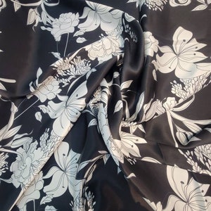 Designer Italy Fabric Silk Charmuese 100% Silk black with white floral  Silk for  Dresses Skirts Blouses Tops