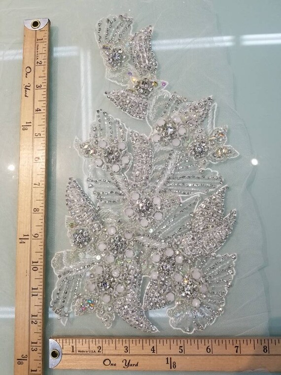 Crystal Rhinestones and bead work silver combinations applique usable for bridal wear. Hand made clear beads sequence and crystal work.