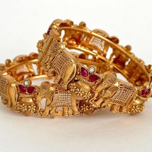 Gold Elephant Motif Bangle Bracelet with Red Accents - Women Jewelry (pair)