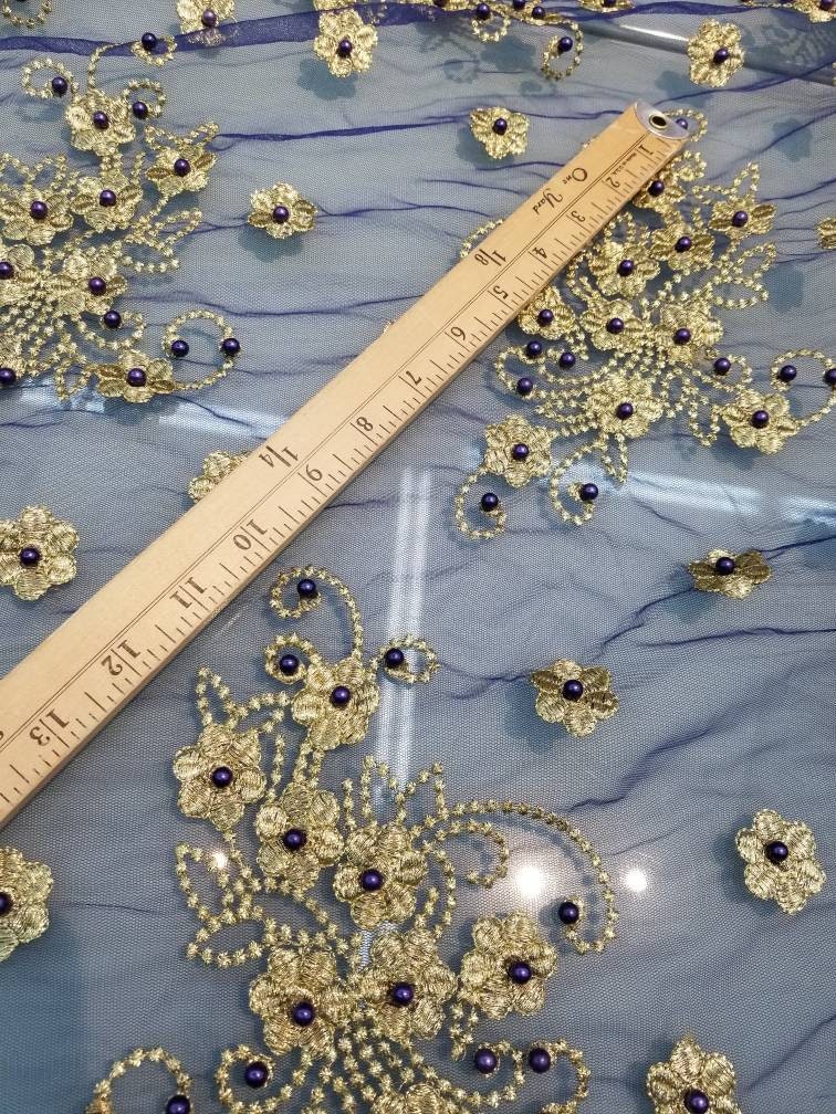 Royal Blue Color Tulle Embroidered Lace With Gold Thread Work and Blue ...