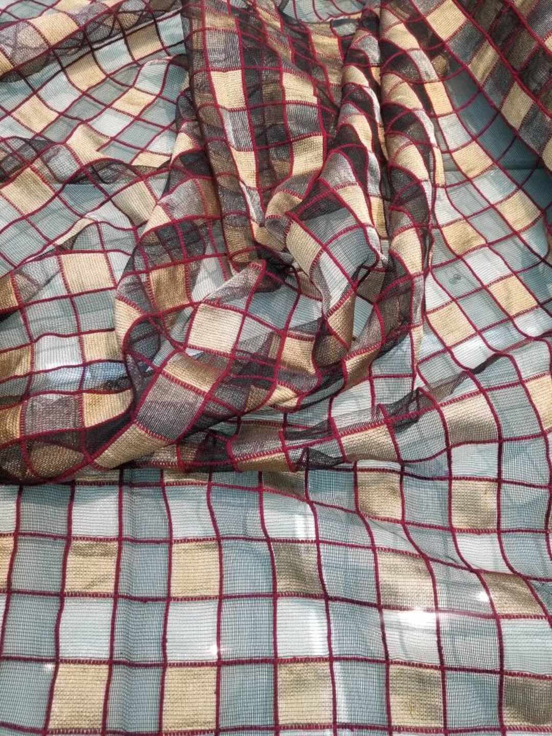 Silk Organza Mesh Soft Weight With Gold Color Plaid Check Design Usable ...