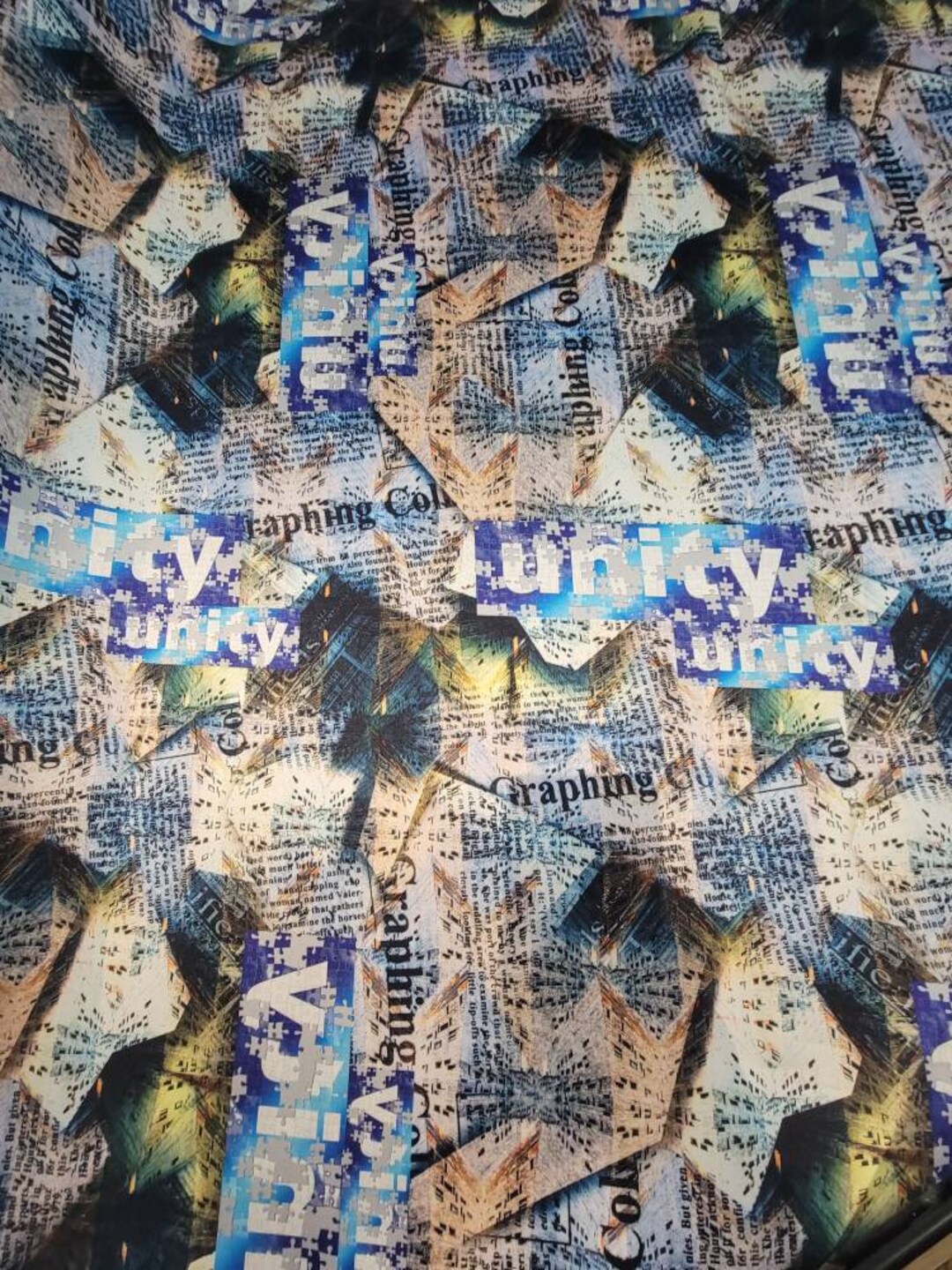 Designer Digital Newspaper Black Blue Color Combination Print on Mikado ...