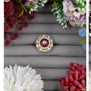 Gold-Tone Moissanite Kundan Red and White Crystal Floral Statement Ring