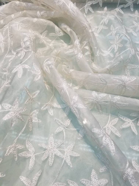 Off White Color 100% Silk Organza Thread Embroidered Fabric | Etsy