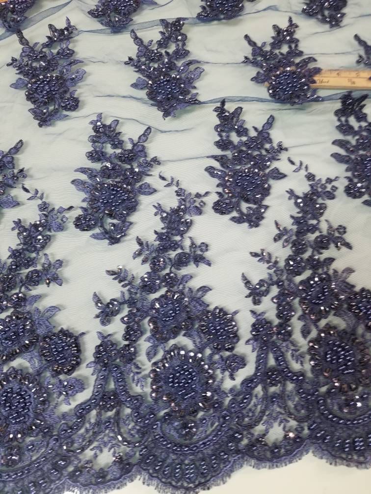 Navy Blue Lace Fabric for Haute Couture Dress Lace Fabric Beaded