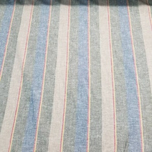 Pu&ograve; includere: Primo piano di un tessuto a righe con bande alternate di blu chiaro, grigio e beige. Il tessuto ha una texture sottile e una trama leggermente irregolare.