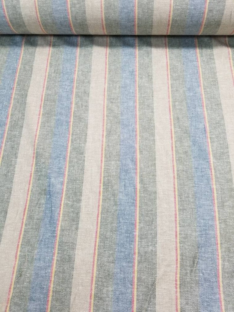 Pu&ograve; includere: Primo piano di un tessuto a righe con bande alternate di blu chiaro, grigio e beige. Il tessuto ha una texture sottile e una trama leggermente irregolare.