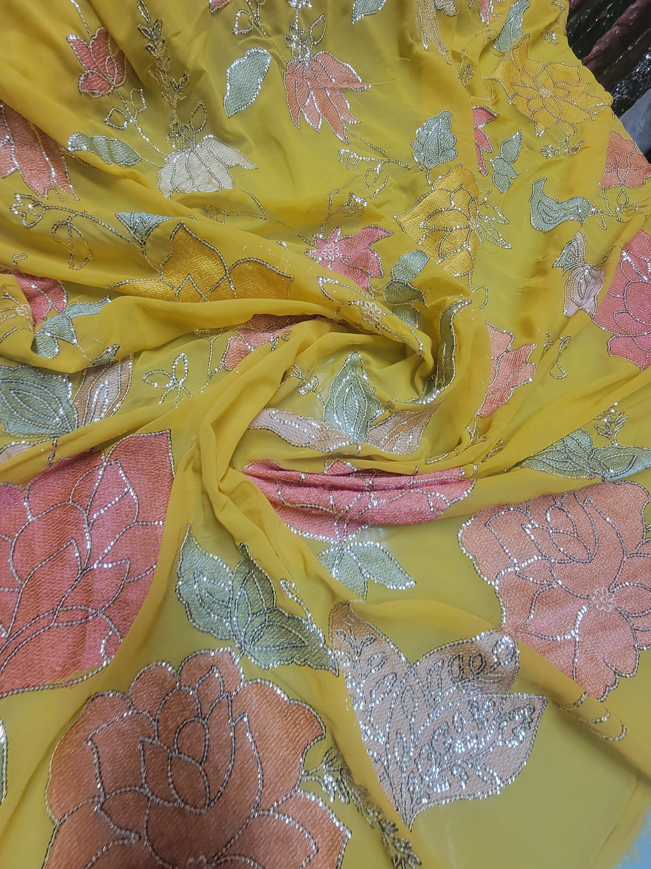 Yellow mustard cokor Chiffon metallic sequenced floral  design. Rich and beautiful sequenced silk chiffon to create formal and evening wear.