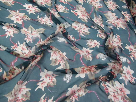 Italian designer 100 pure silk chiffon fabric. Floral print. Price for One Yard 54
