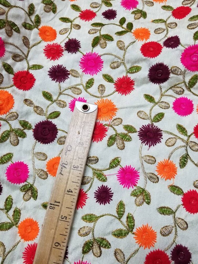 Flowery Border Stitch on Beige Shantung Embroidered Dupioni Silk