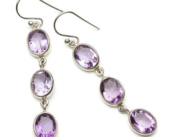 Amethyst Triple Oval Long Drop Sterling Silver Earrings, February Purple Birthstone, Birthday Gift for Her