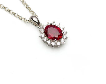 Sterling Silver Lab Ruby Necklace, Oval Ruby CZ Halo Pendant July Birthstone, Birthday Gift