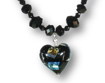 Blue Murano Dichroic Glass Heart Necklace, Black Beaded Necklace, Magnetic Clasp