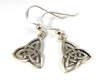 Sterling Silver Celtic Earrings, Triangle Earrings, Triquetra Earrings, Trinity Knot Drop Earrings, Irish Earrings