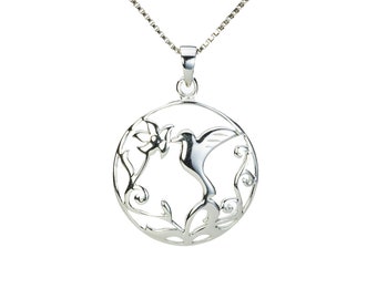 Pendentif rond Silver Bird, Colibri, Argent sterling, Bijoux en argent, Collier chaîne en argent, Vendeur britannique, Pendentif en argent 925, Cadeau pour elle