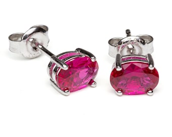 Boucles d’oreilles en argent sterling Lab Ruby Oval Stud, bijoux en argent 925, vendeur britannique, pierre de naissance de juillet, cadeau d’anniversaire pour elle