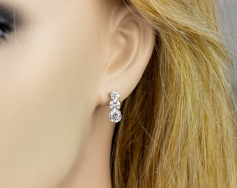 Bridal Earrings, Cubic Zirconia Earrings, Sterling Silver Stud Earrings, Silver CZ Earrings, Triple CZ Studs, Sparkly Silver Earrings, UK