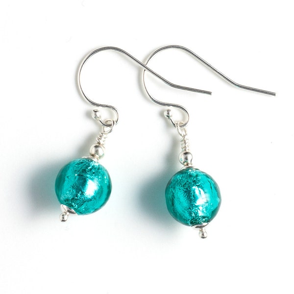 Sea Green Murano Glass Round Drop Earrings, Marino Verde Venetian Bead Earrings, Silver Foil Lined, Sterling Silver Beaded Jewelry, UK
