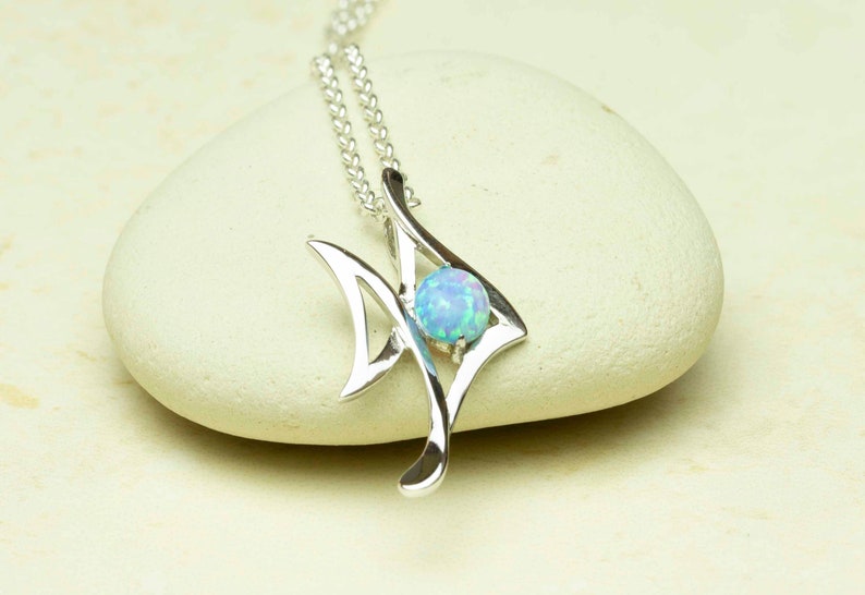 Sky Blue Lab Opal Fish Pendant, Sterling Silver, Synthetic Opal Animal Pendant image 9