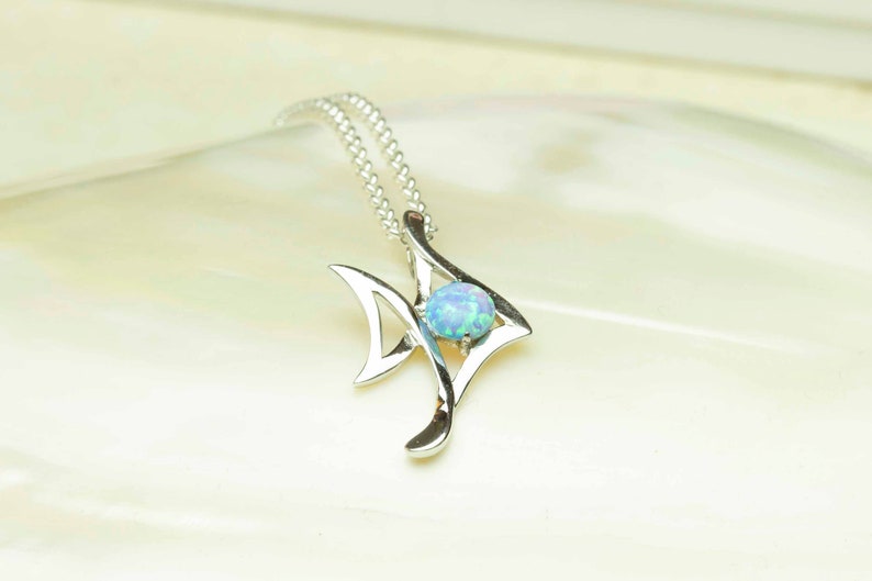 Sky Blue Lab Opal Fish Pendant, Sterling Silver, Synthetic Opal Animal Pendant image 6