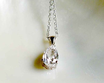 Sterling Silver Cubic Zirconia Teardrop Bridal Pendant,  Wedding Necklace, Real Silver Pendant, Clear CZ Silver Pendant, Bridal Jewelry,