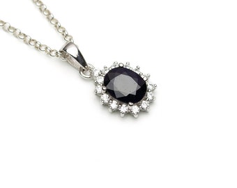 Sterling Silver Lab-Created Sapphire Oval CZ Halo Pendant