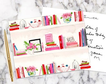 Personalized Stationery Notecards: Pink Bookshelf {Stationary Notecards, Personalized, Watercolor, Custom, Fashion Drawing, Girly}