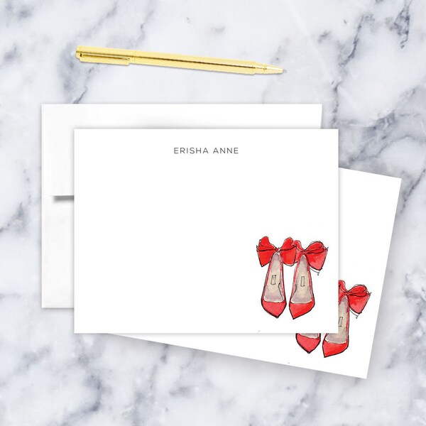 Personalized Stationery: Red Bow Shoes {Stationary Notecards, Personalized, Watercolor, Custom, Fashion Drawing, Girly}