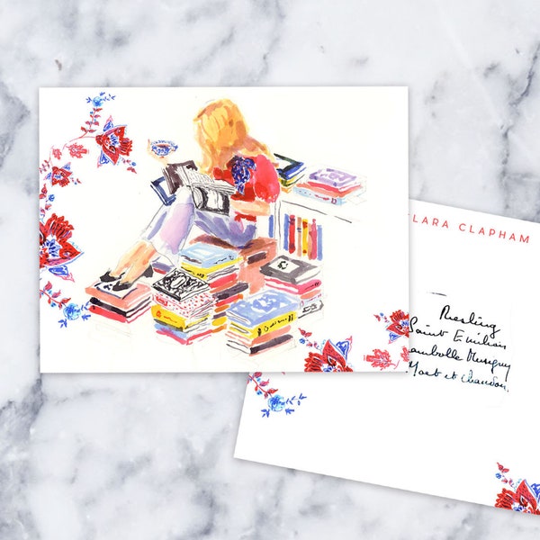 Custom Stationery Girl: Book Stack Girl {Working From Home, Stationary Notecards, Personalized, Watercolor, Custom, Fashion Drawing, Girly}