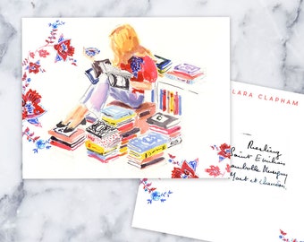 Personalized Book Stack Note Cards – Reading Girl Stationery Set Book Stack Girl