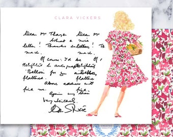 Custom Stationery Girl: Curly Haired Pink Tile Dress Girl {Stationary Notecards, Personalized, Watercolor, Custom, Fashion Drawing, Girly}