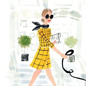 May include: A woman in a yellow and black plaid dress with a black bow tie and sunglasses walks down a set of stairs.