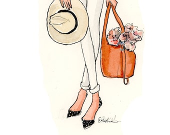 Lámina de ilustración de moda: Peonías y sombreros fedora {Arte de pared adorable, decoración del hogar, pintura original, acuarela, diseño de interiores, estilo femenino}