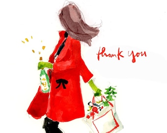 Shoppin and Poppin Folded Thank You Cards {Stationary Notecards, Personalized, Watercolor, Custom, Fashion Drawing, Girly}