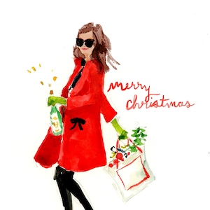 May include: A woman in a red coat and black tights holds a bottle of champagne and a shopping bag with a sprig of holly. The text "merry christmas" is written in red cursive.