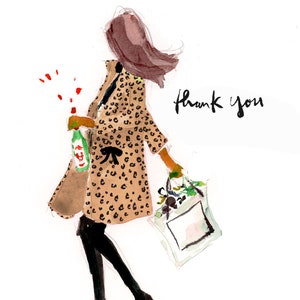 Shoppin and Poppin Folded Thank You Cards {Leopard Coat} {Stationary Notecards, Personalized, Watercolor, Custom, Fashion Drawing, Girly}