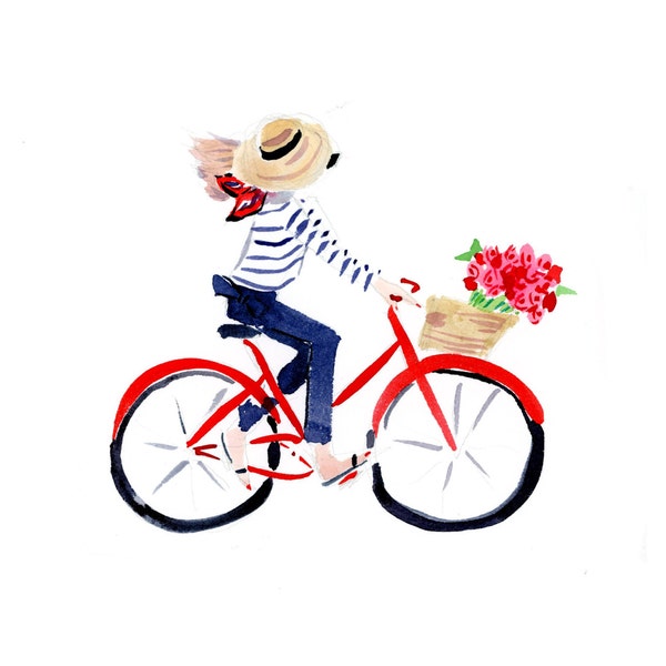 Art Print: Parisian Bike Girl {Cute Wall Art, Home Decorating, Original Painting, Watercolor, Wall Decor, Interior Design, Decorating Ideas}