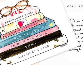 Jane Austen Book Stack Notecards: Personalized Stationery {Stationary Personalize, Personalized, Watercolor, Custom, Fashion Drawing, Girly}