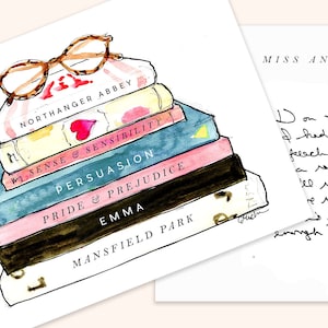 Jane Austen Book Stack Notecards: Personalized Stationery {Stationary Personalize, Personalized, Watercolor, Custom, Fashion Drawing, Girly}