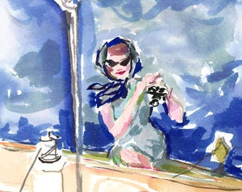 Art Print: Jackie O. Boating {Cute Wall Art, Home Decorating, Original Painting, Watercolor, Wall Decor, Interior Design, Girly}