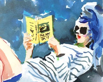 Art Print: Jackie O. Reading {Cute Wall Art, Home Decorating, Original Painting, Watercolor, Wall Decor, Interior Design, Girly}