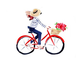 Art Print Wall Art: Parisian Bike Girl {cute art print, cute wall art, pink wall art, pink art print}