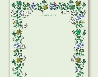 Personalized Notepad: Verdant Floral Vine {To Do List, Floral Notepad, Office Organization, Office Supplies, Grocery List, Blue and White}