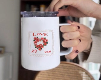 Vintage Love Stamp Insulated Coffee Mug, 10oz