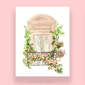 May include: A watercolor illustration of a pink building with a balcony and flowers. The building has a white door and windows. The balcony is decorated with pink flowers and green vines. The illustration is on a white background. "STATIONERY FRONT" is written at the bottom of the image. The back of the stationery features a white background with pink flowers in the corners. "KRISTEN JOHNSON" is written at the top of the image. "STATIONERY BACK" is written at the bottom of the image.