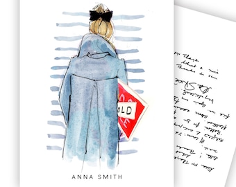 Custom Stationery Girl: Blue Coat With Sold Sign for Realtors {Stationary Notecards, Personalized, Watercolor, Fashion Drawing, Girly}