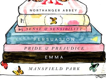 Art Print: The Jane Austen Butterfly Book Stack {Cute Wall Art, Home Decorating, Painting, Watercolor, Illustration, Books, Girly, Reading}