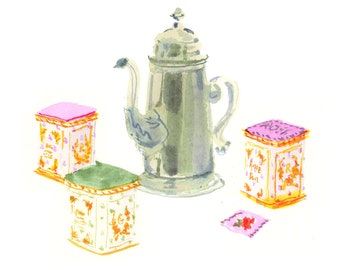 Art Print: The Tea Service {Cute Wall Art, Beach Art Home Decorating, Origineel schilderij, Aquarel, Wanddecoratie, Ideeën}